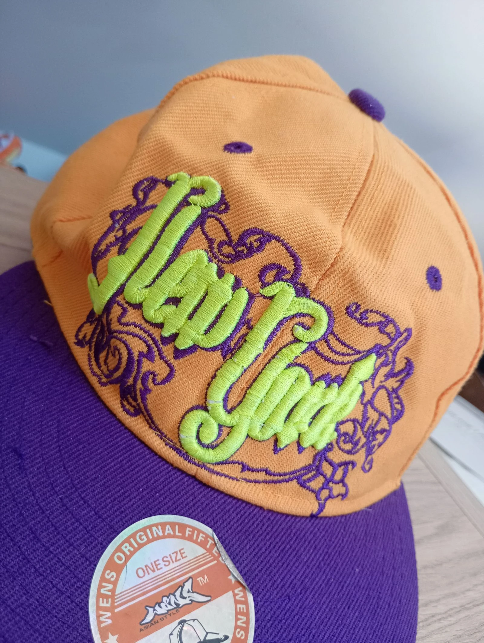 Vintage jaren 90 snapback pet verstelbaar oranje en paars – photo 8
